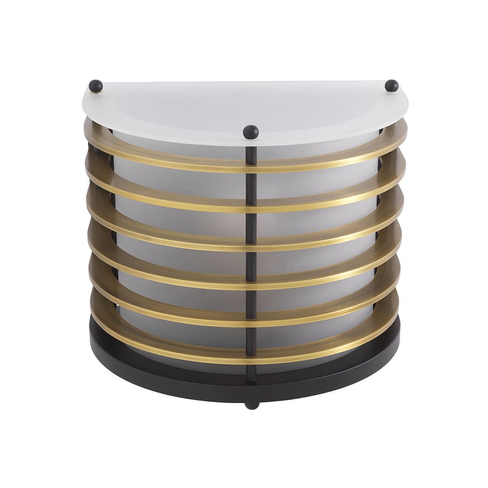 A sophisticated outdoor wall lamp by Eichholtz with a frosted glass shade and antique brass metal cage