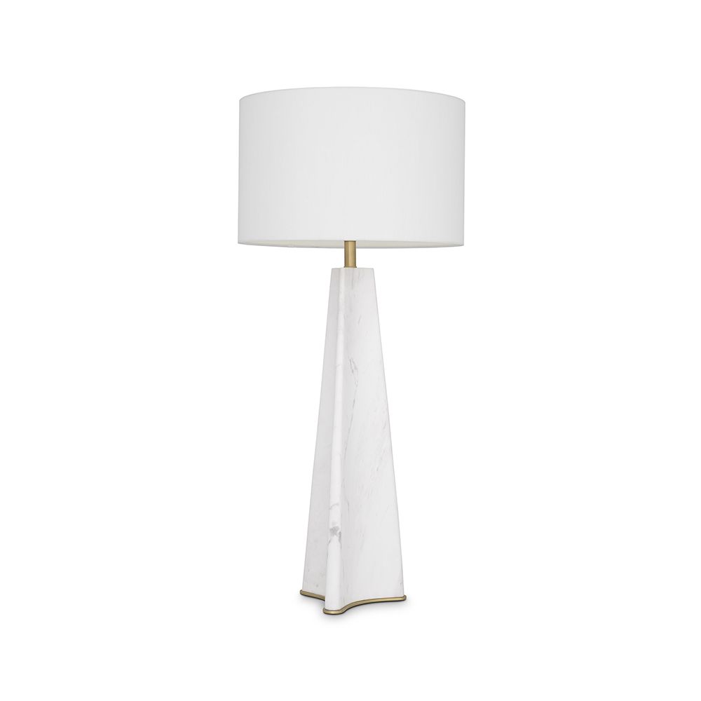 A luxury table lamp by Eichholtz with a sophisticated base, stylish fabric shade and alluring antique brass finish