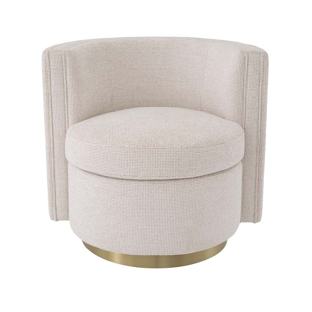 A beautifully curved, swivel chair in a gorgeous off-white fabric.