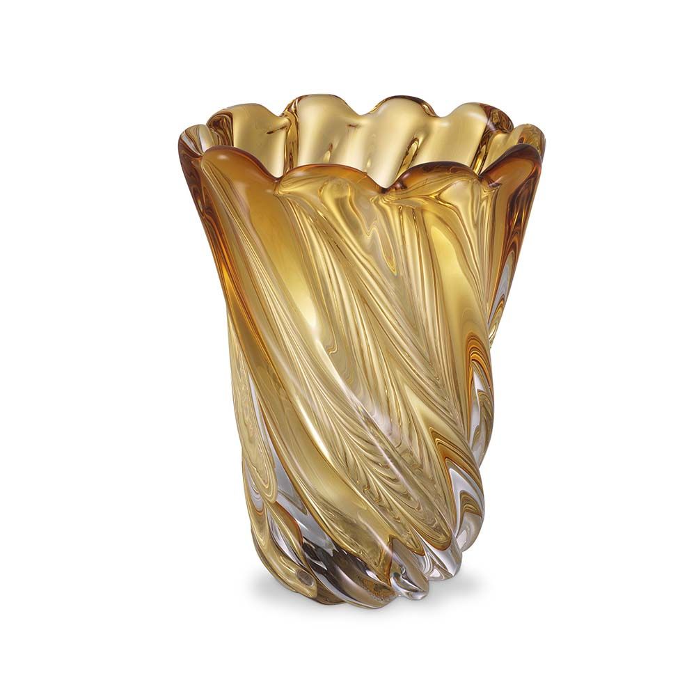A handcrafted vase made from yellow glass.