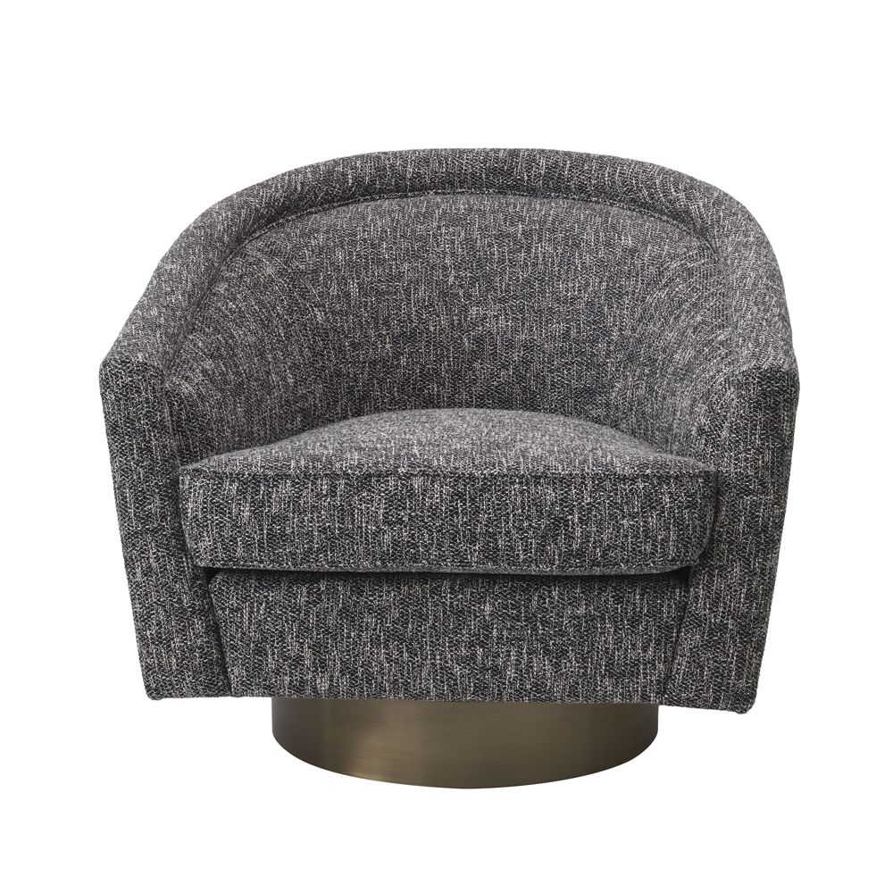 A stylish dark grey armchair with a matte gold swivel base