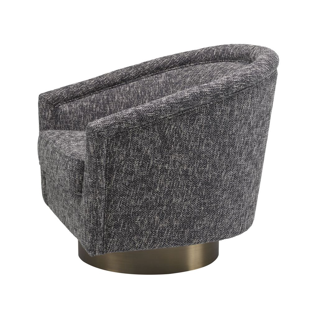 A stylish dark grey armchair with a matte gold swivel base