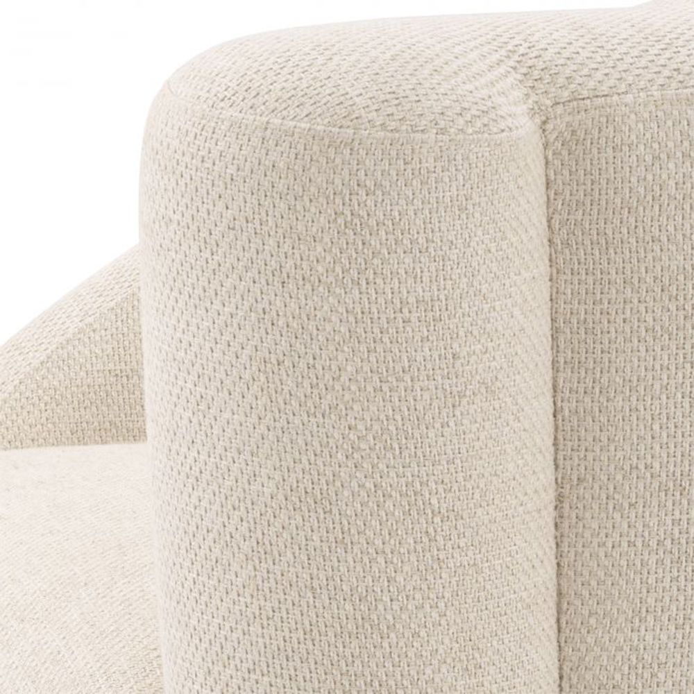 A stylish swivel chair with an asymmetric back upholstered in a natural linen fabric mounted on a black base 