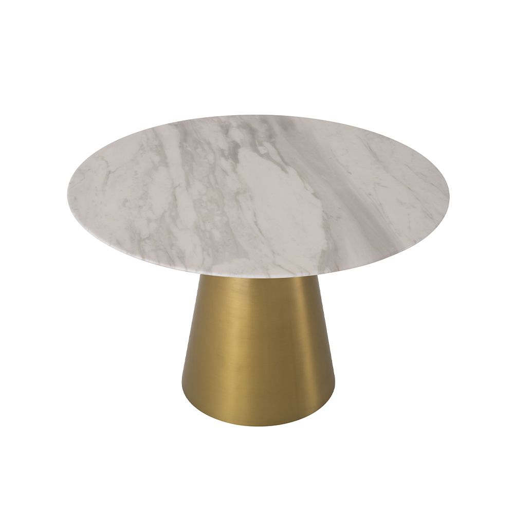 A glamorous Dining Table by Eichholtz with a round white ceramic marble top and tapered brushed brass base
