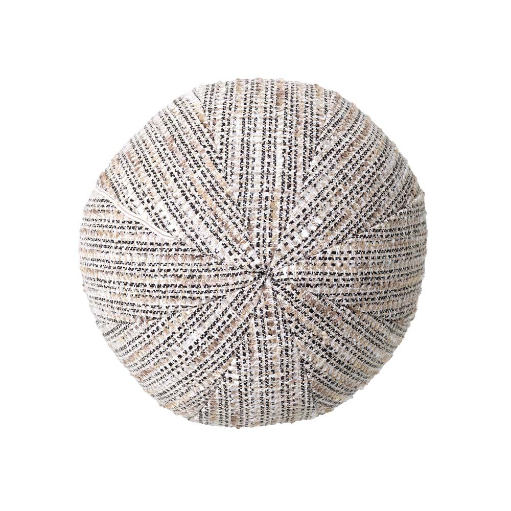 A small textured pillow in a beige fabric.