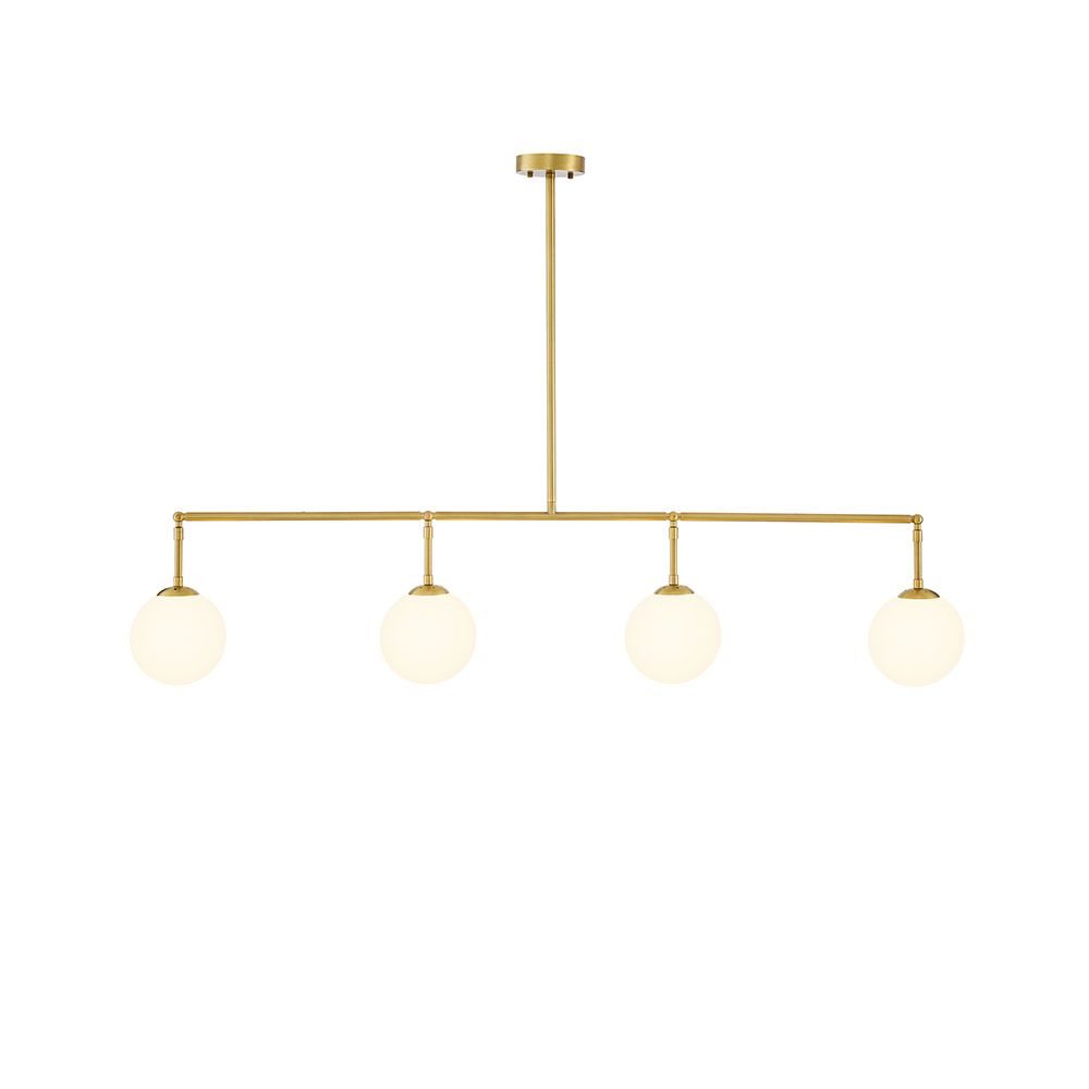 A stylish chandelier by Eichholtz with four white glass globes and an antique brass finish