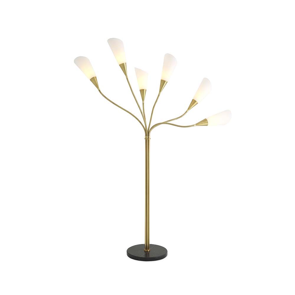 A fabulous six branched floor lamp in an antique brass and black marble