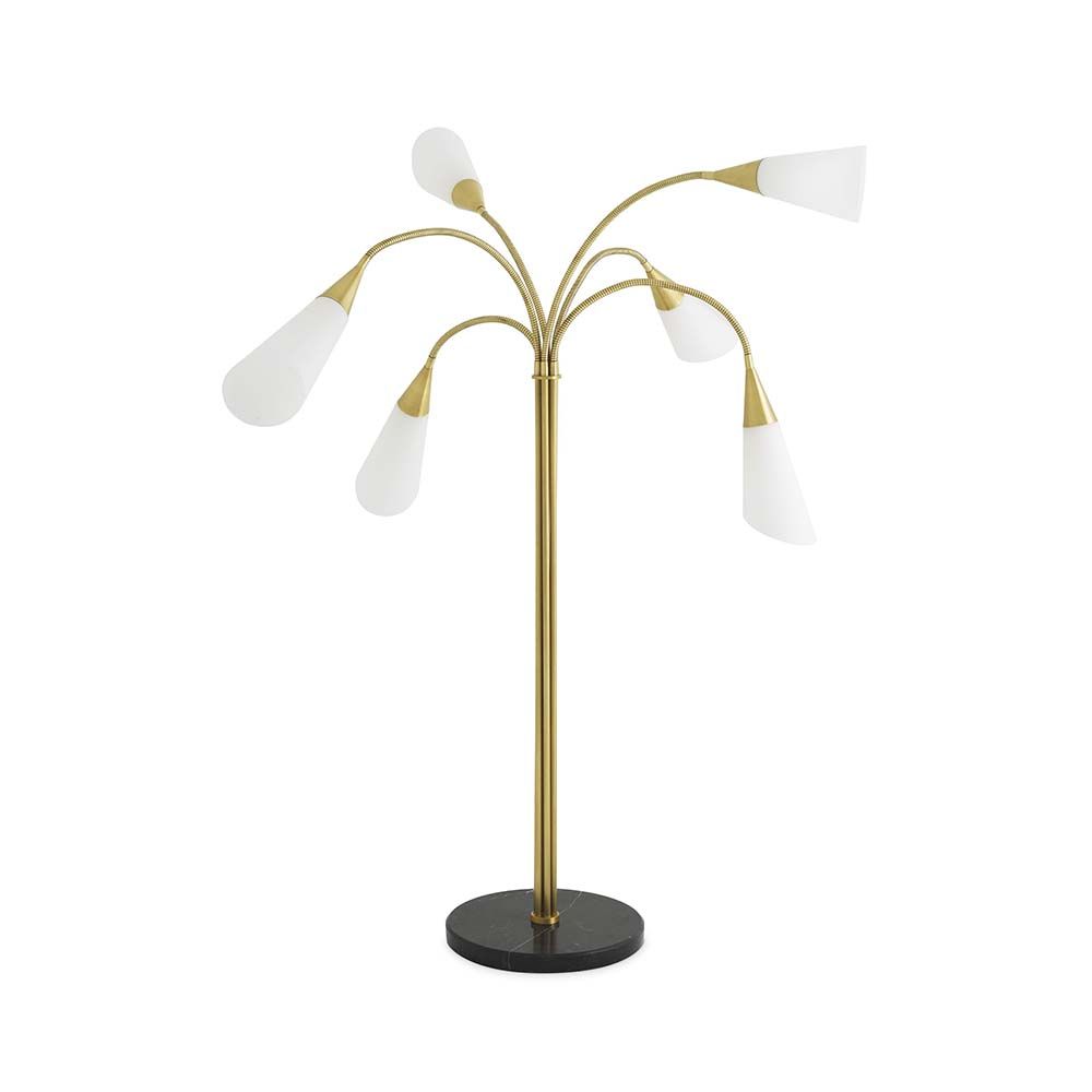 A fabulous six branched floor lamp in an antique brass and black marble