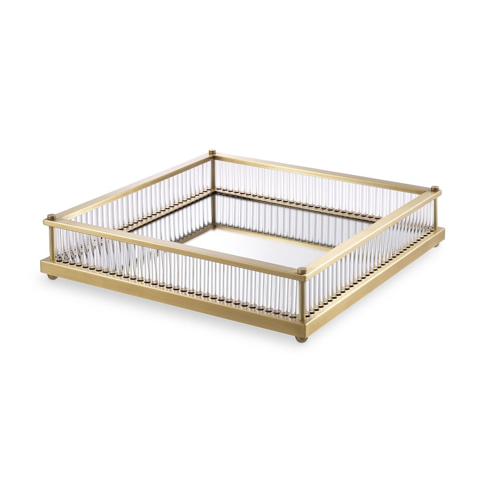 A luxurious antique brass tray with a mirrored glass bottom by Eichholtz