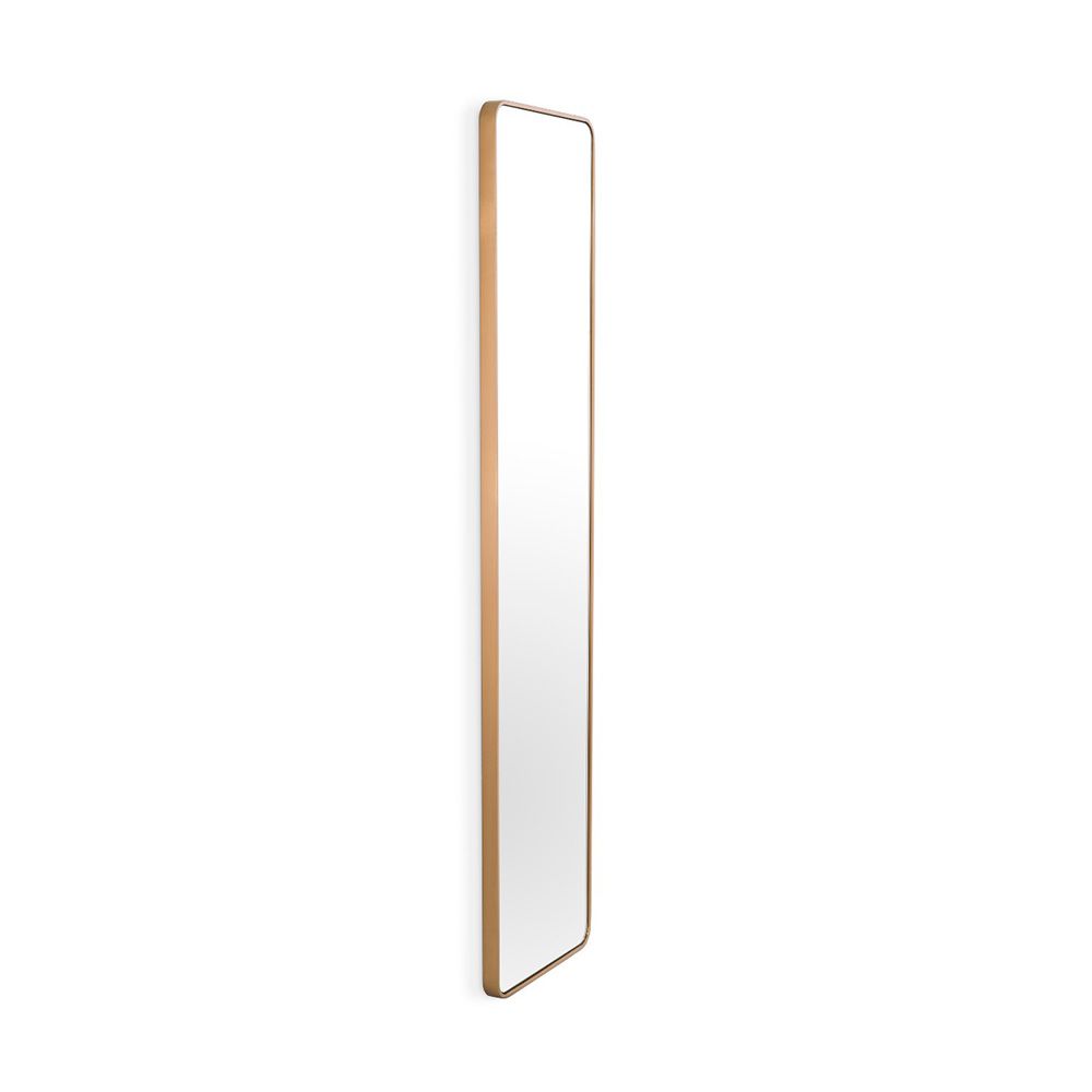 Rectangular mirror with glamourous rounded edges and a brass finish frame