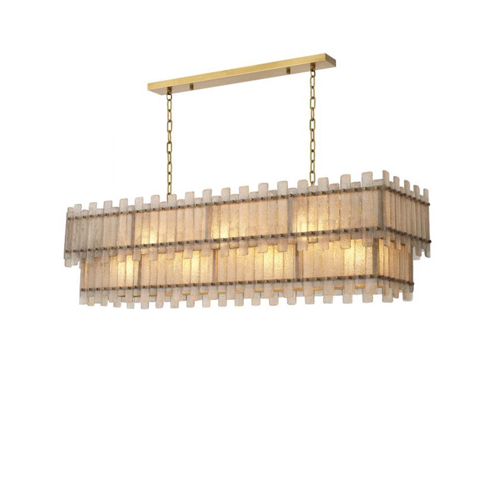A rectangular, two-tier chandelier by Eichholtz with a contemporary twist on a classic design and an antique brass finish