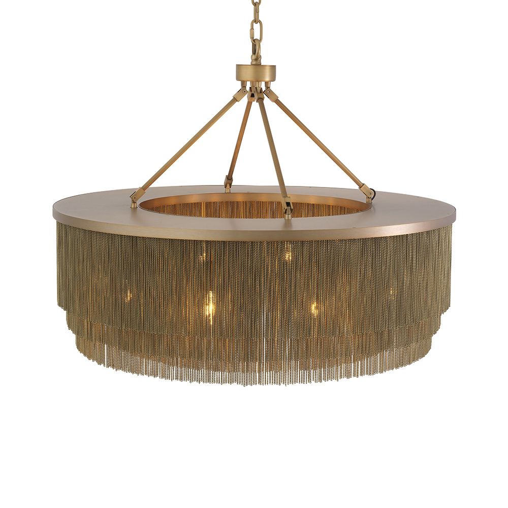 A large, eye-catching chandelier by Eichholtz inspired by the 1920s with four rows of thin chains and an antique brass finish 