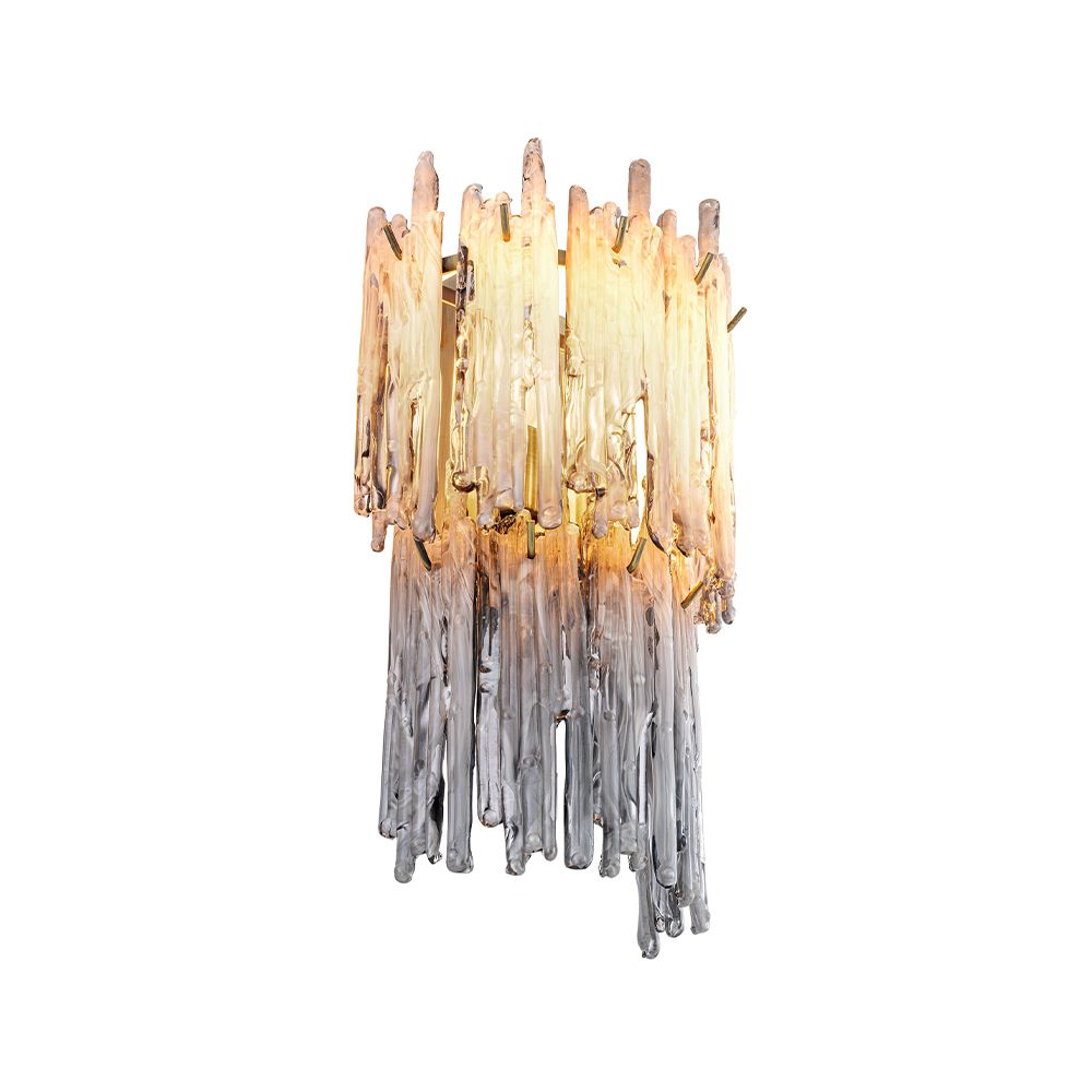 A spectacular wall lamp by Eichholtz featuring smoked glass icicles and a light brushed brass finish
