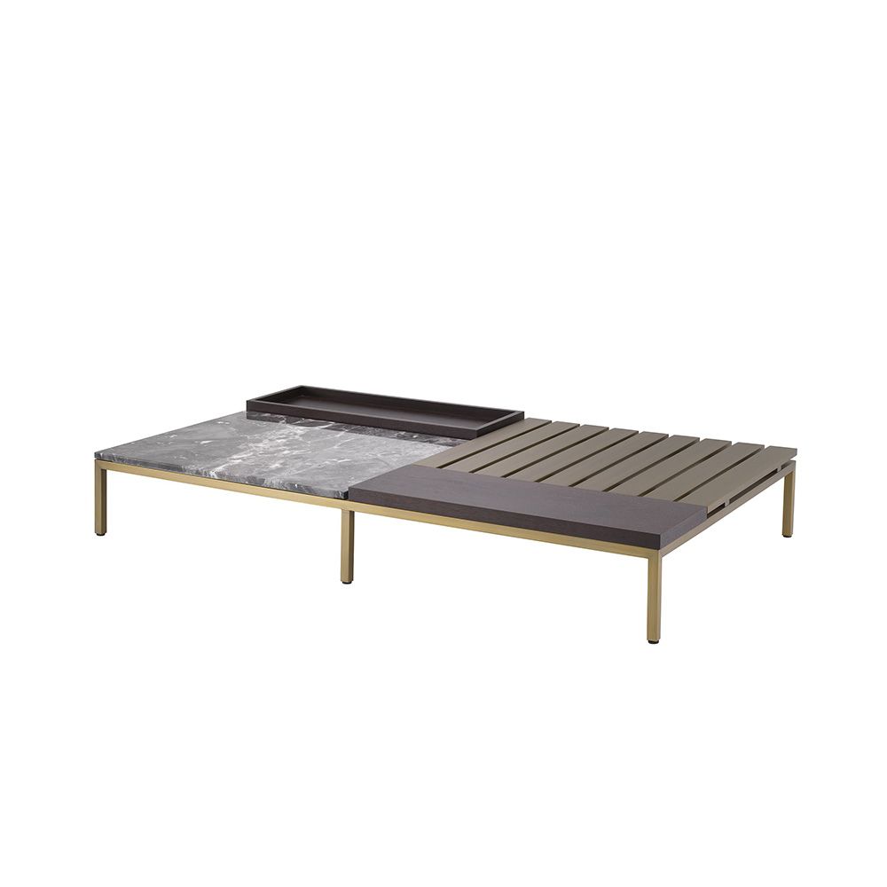 Beautiful coffee table with brushed brass frame and top with oak veneer and grey marble surface