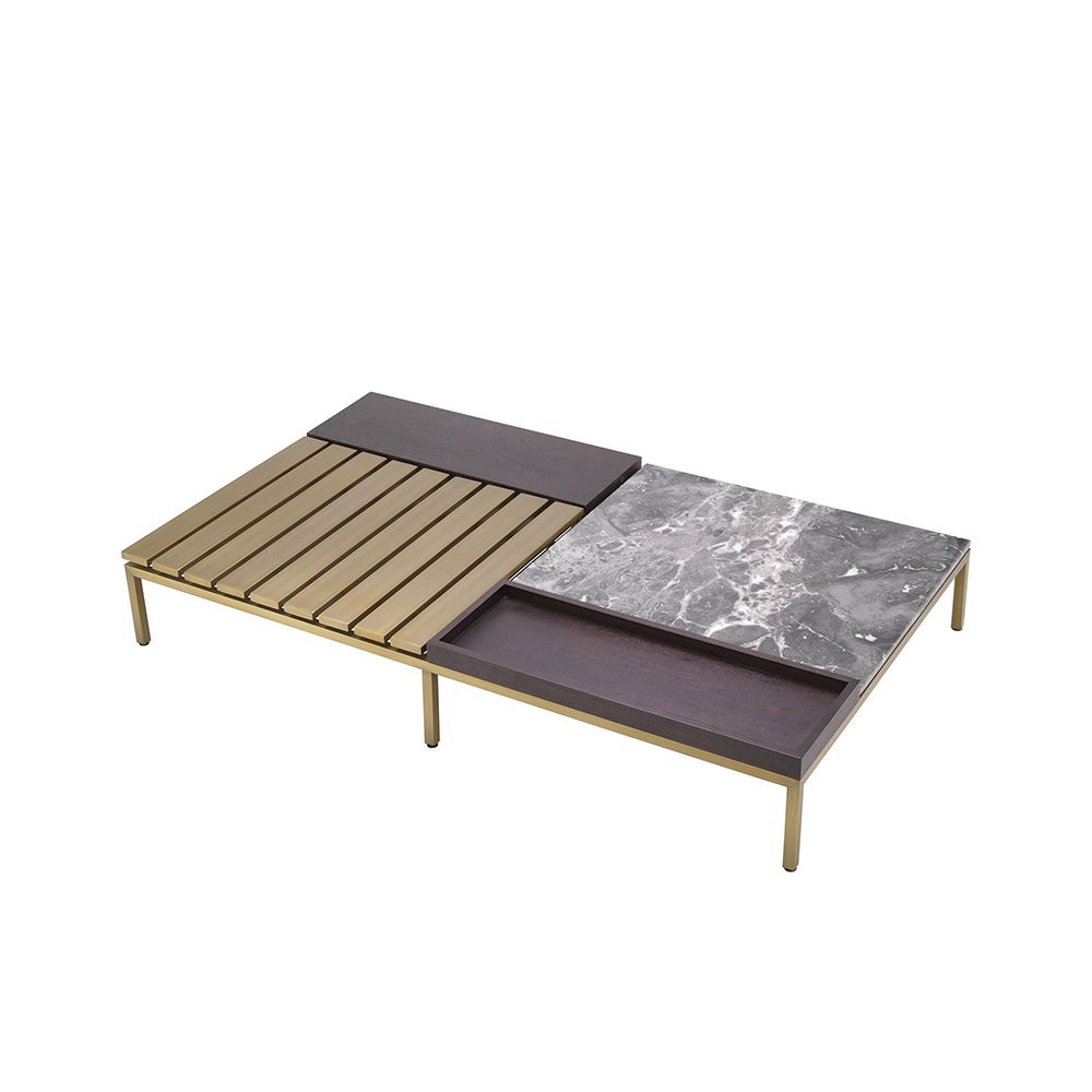 Beautiful coffee table with brushed brass frame and top with oak veneer and grey marble surface
