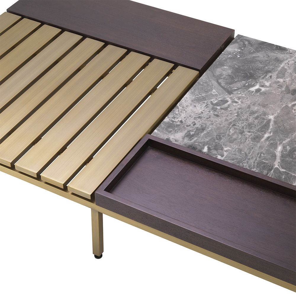 Beautiful coffee table with brushed brass frame and top with oak veneer and grey marble surface