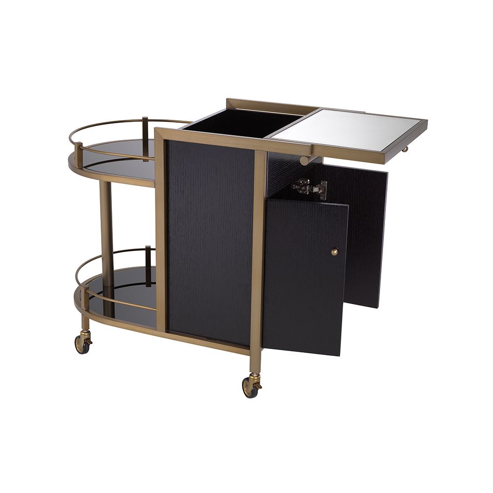 A contemporary drinks trolley by Eichholtz with a glamourous brushed brass finish 