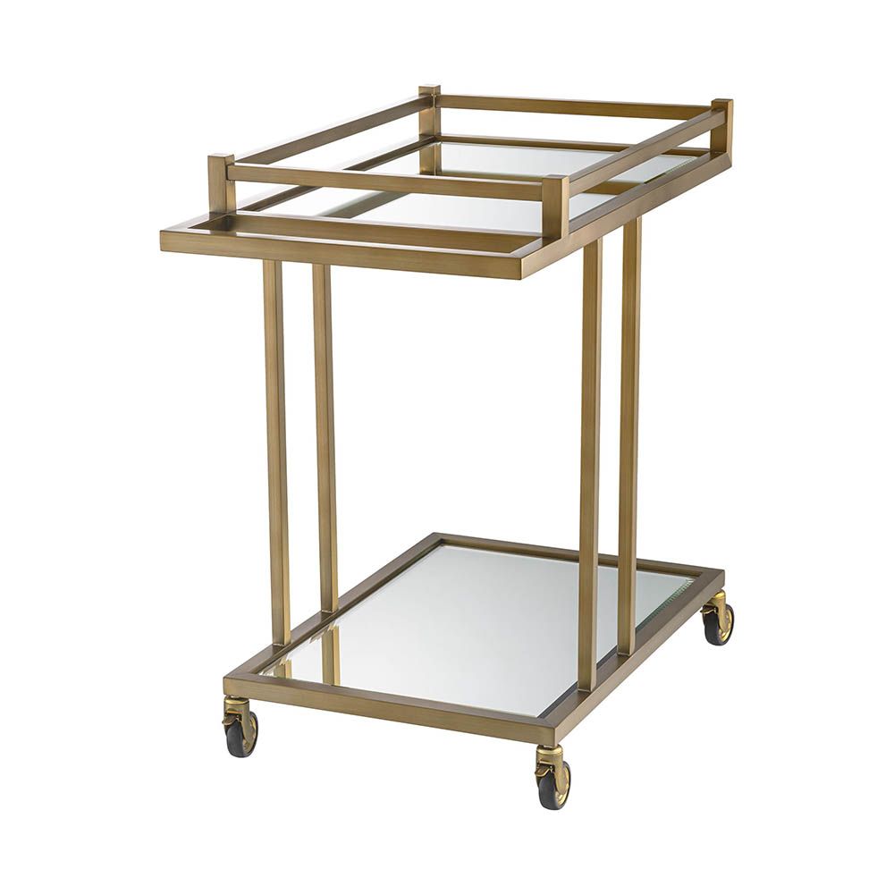 Glamorous, art-deco inspired drinks trolley with brushed brass and mirror glass features
