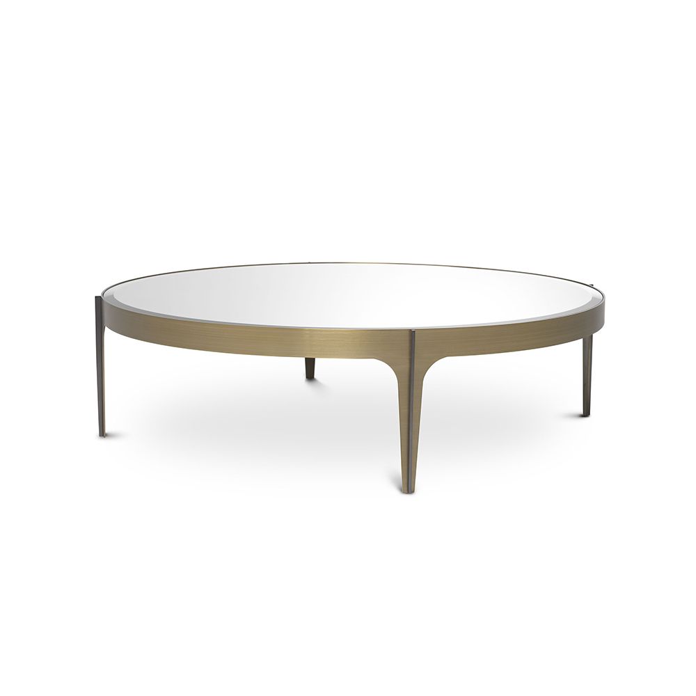 A chic, Mid-Century Modern coffee table with a beautiful brushed brass frame 