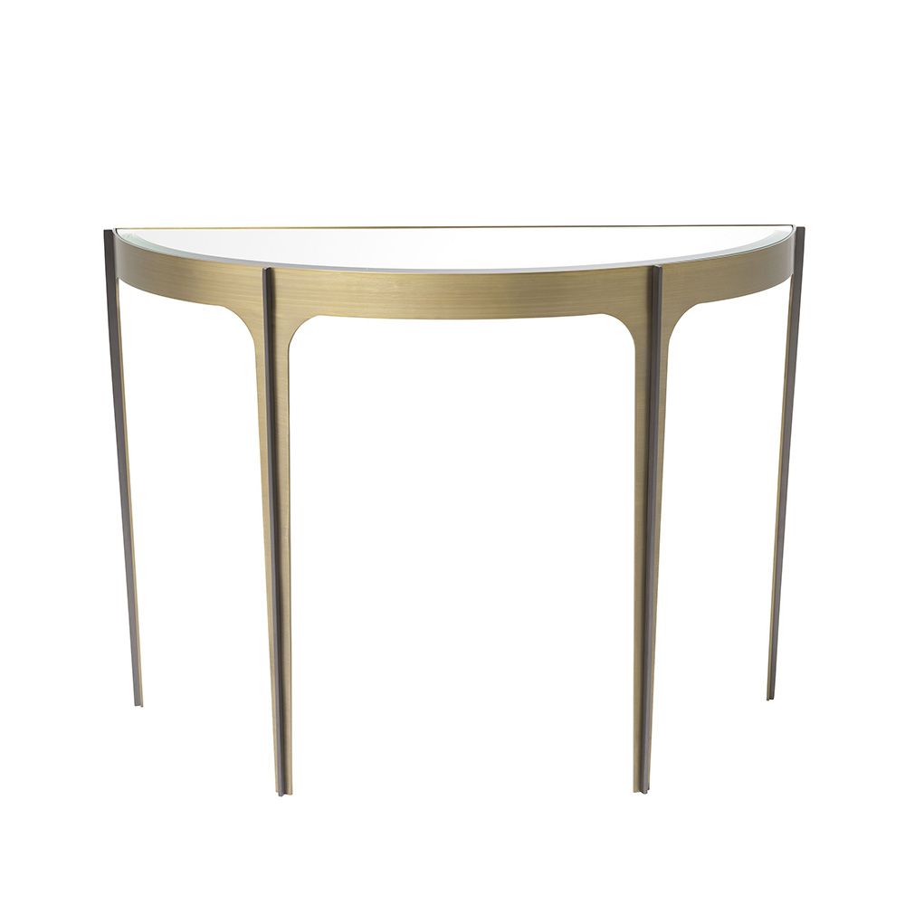 Brushed brass console table with bronze rod accent on the legs and mirror glass table top