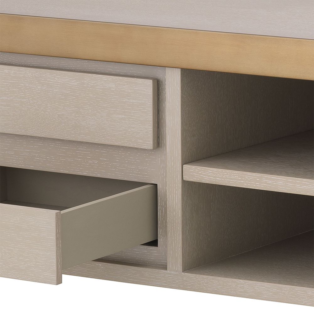 A stylish TV Unit by Eichholtz crafted from washed oak veneer and finished with a brushed brass frame 