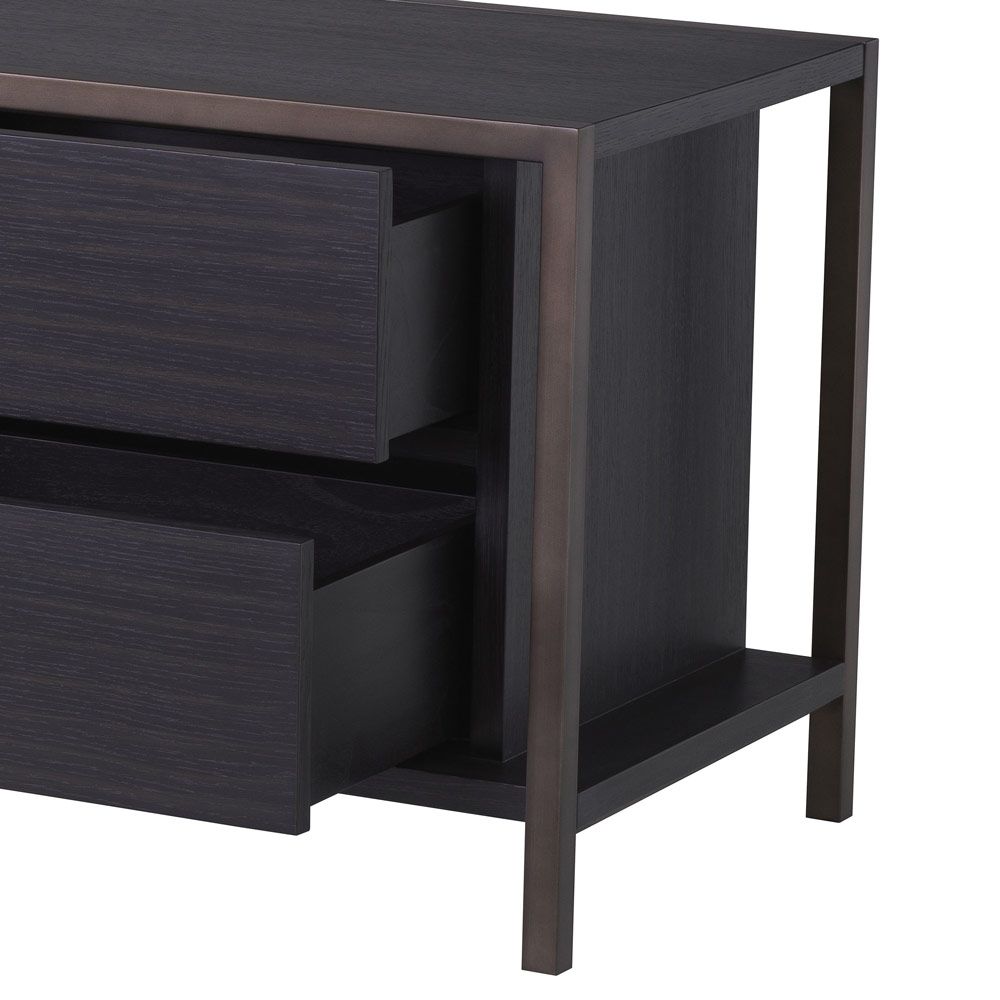 A sophisticated TV unit with a charcoal grey finish and bronze frame 