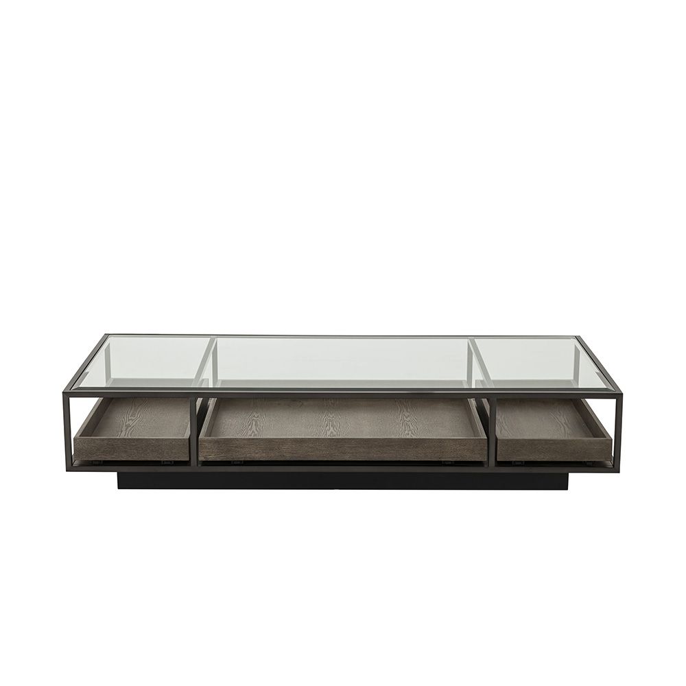Illustrious, industrial-style coffee table with three pull out drawers and glass top