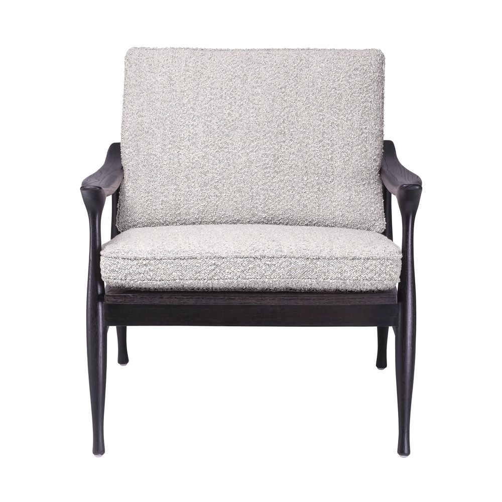 A contemporary chair by Eichholtz with a black finished wooden frame and a beautiful boucle grey upholstery 