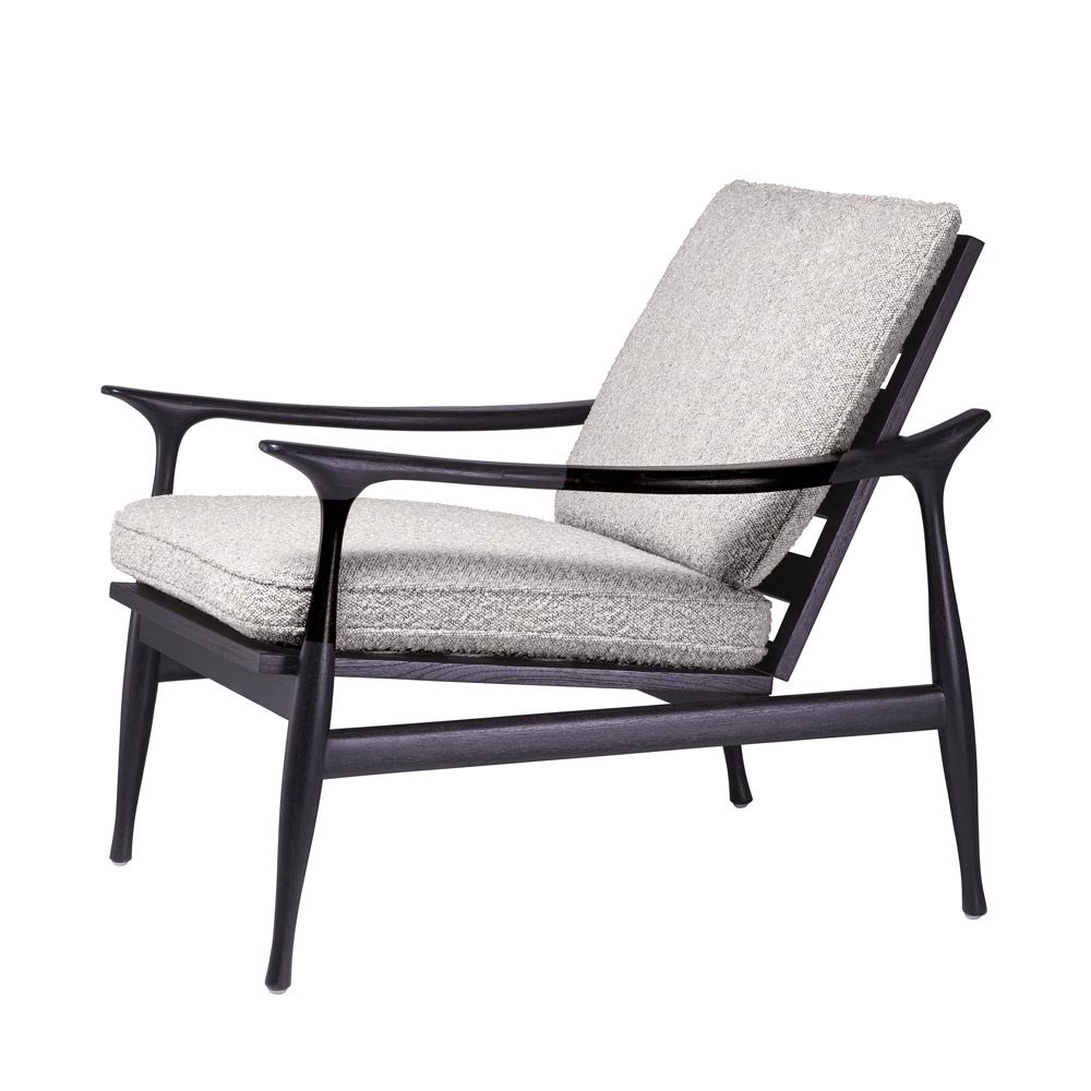 A contemporary chair by Eichholtz with a black finished wooden frame and a beautiful boucle grey upholstery 