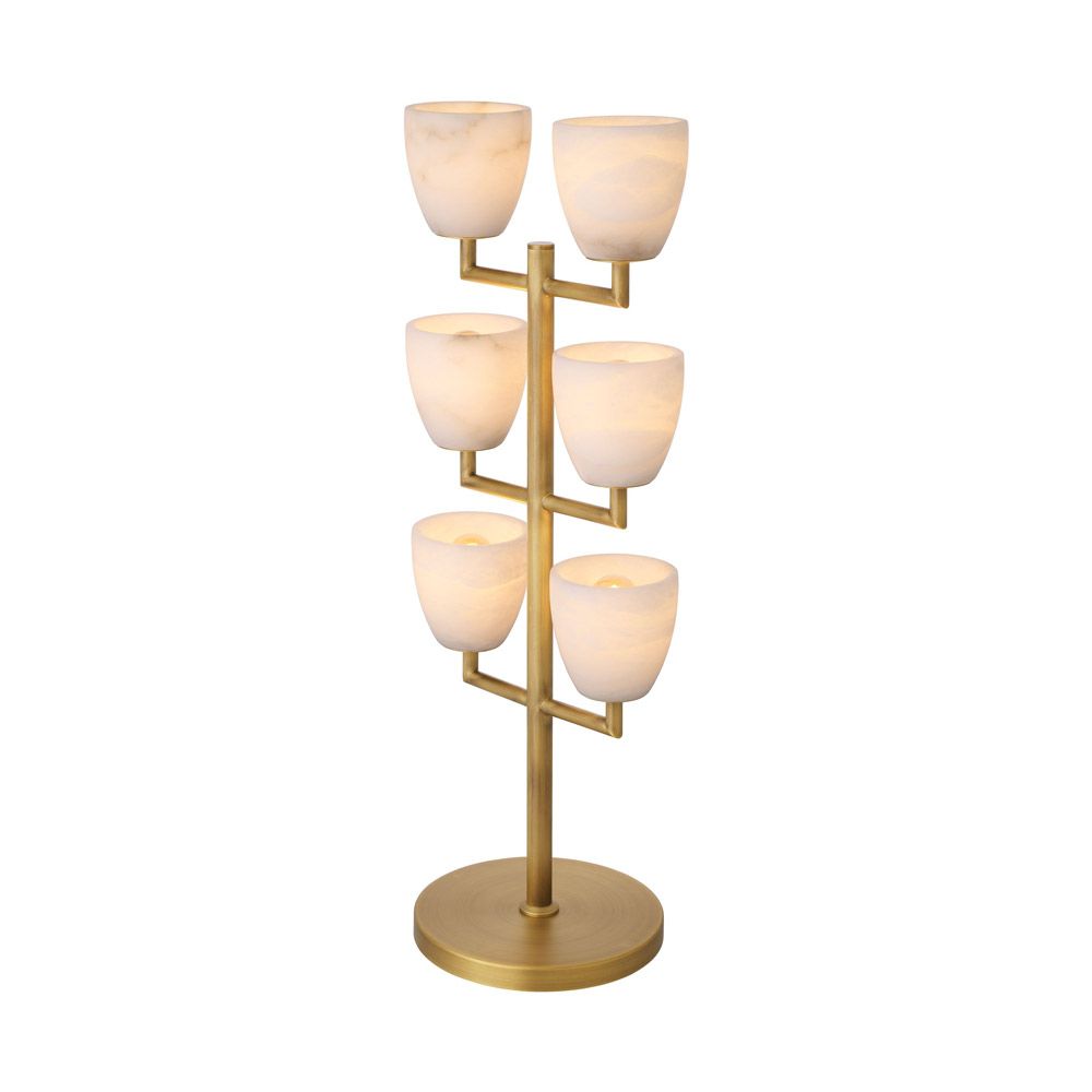 A luxurious, candelabra style side lamp crafted from alabaster with an antique brass finish