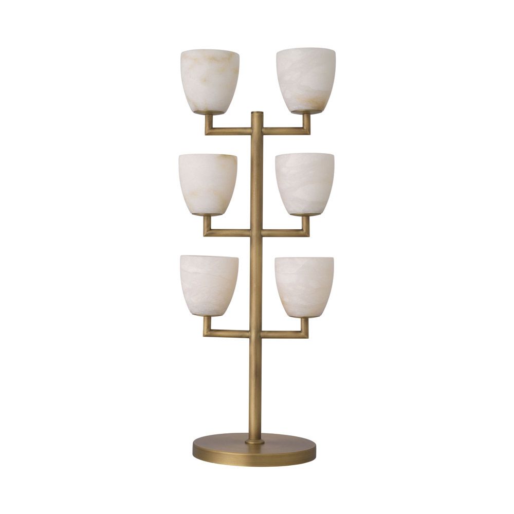 A luxurious, candelabra style side lamp crafted from alabaster with an antique brass finish
