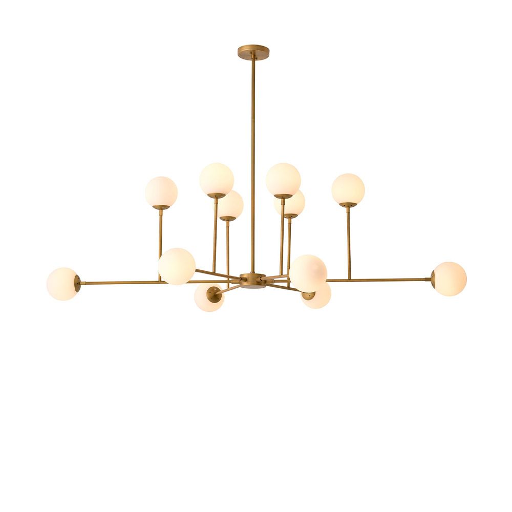 chandelier with sleek brass-brushed iron bars and white glass shades