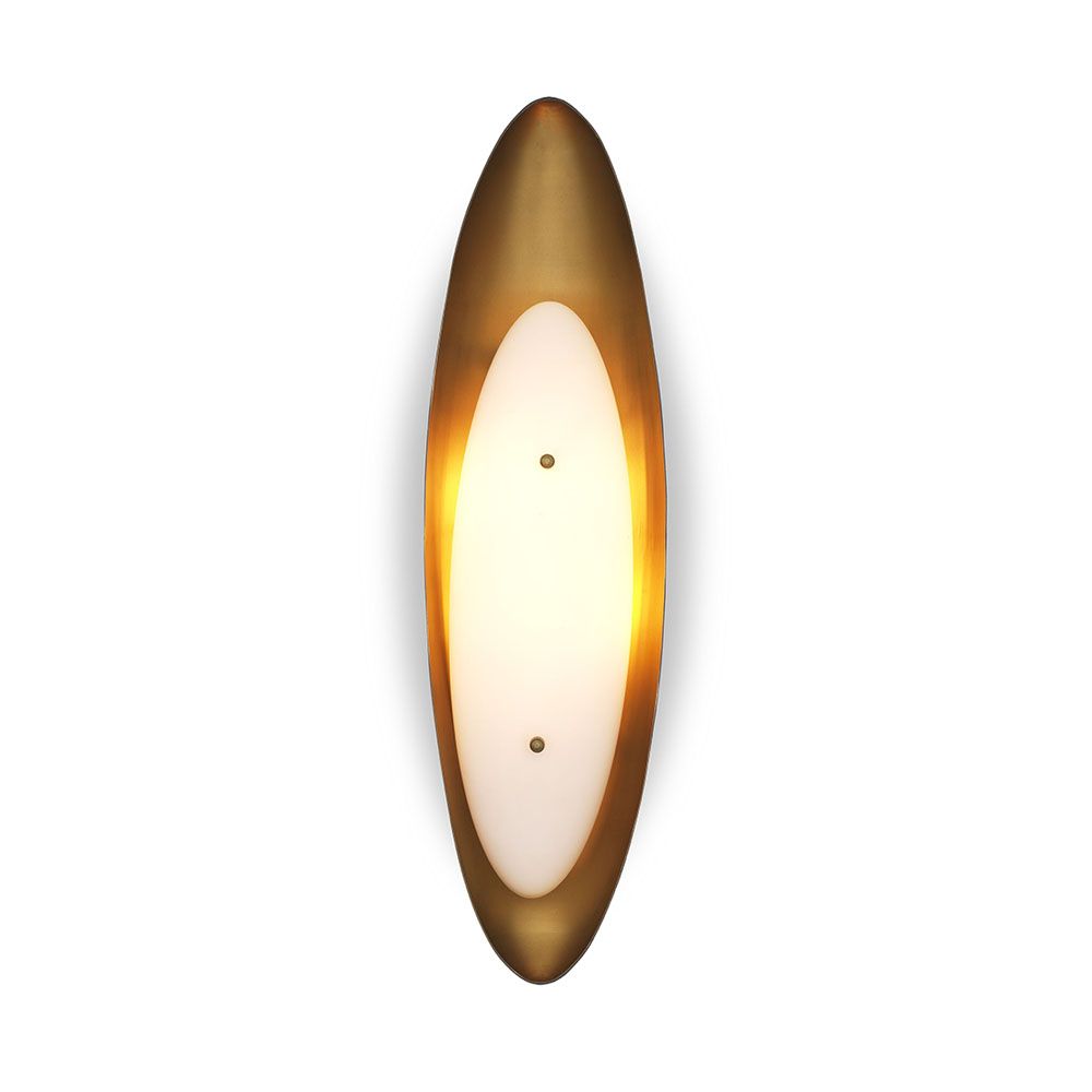 A unique wall lamp by Eichholtz with a black and brass frame finished with a white glass, oval shade