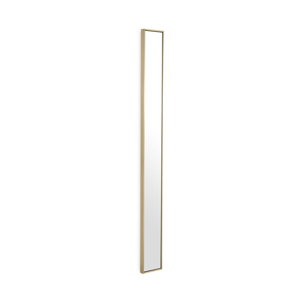 Sleek, narrow wall mirror with brass frame
