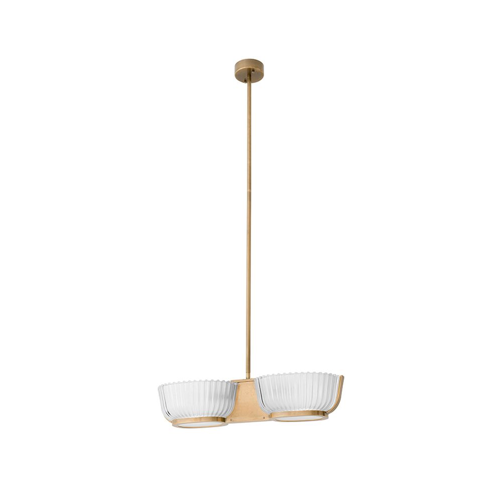An elegant chandelier by Eichholtz with a vintage brass finish and frosted glass shades