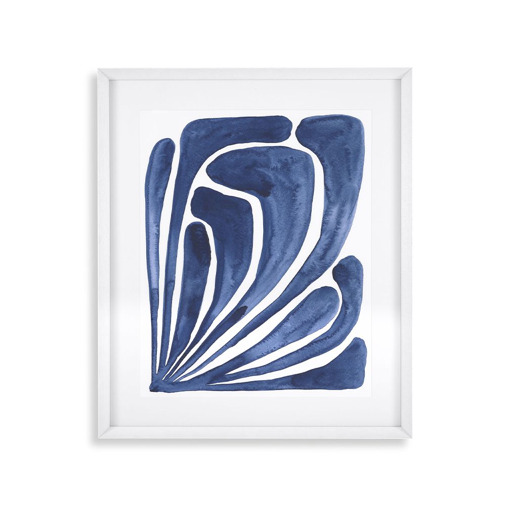 A set of two beautiful, blue tropical leaf prints with a sleek, white wooden frame 