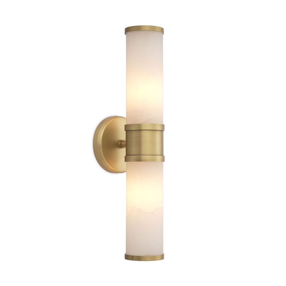 A luxury double wall lamp by Eichholtz with two bulbs, a translucent alabaster shade and brushed brass details