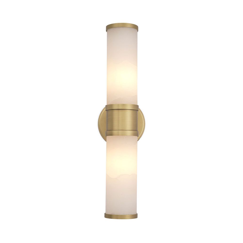 A luxury double wall lamp by Eichholtz with two bulbs, a translucent alabaster shade and brushed brass details