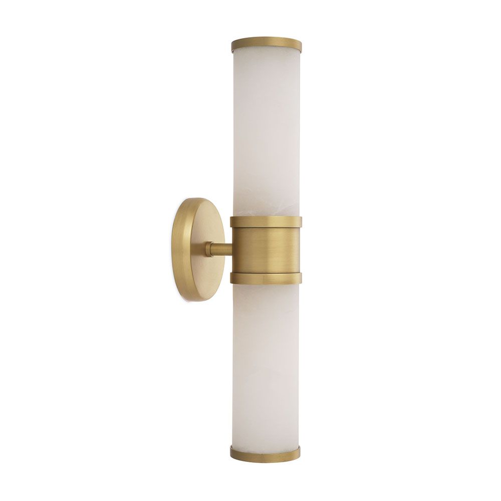 A luxury double wall lamp by Eichholtz with two bulbs, a translucent alabaster shade and brushed brass details