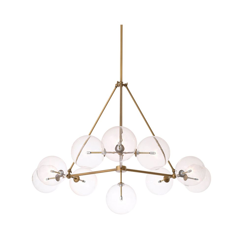 A stylish chandelier by Eichholtz with 10 spherical clear glass shades and a glamorous antique brass finish