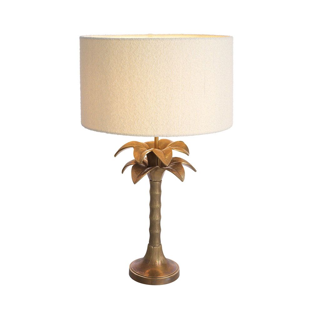 Gorgeous, tropical brass finish side lamp with boucle shade
