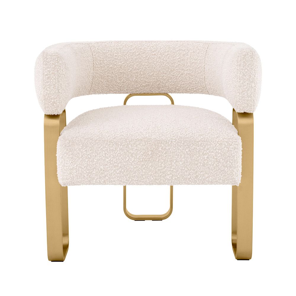 Glamorous design armchair with wrap-around backrest and rectangular brass legs