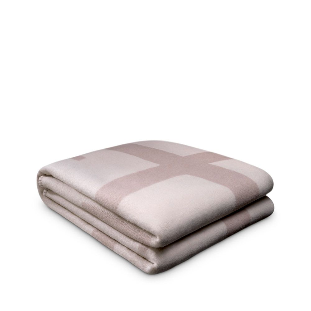 Greige and cream cashmere and wool throw with Eichholtz branding