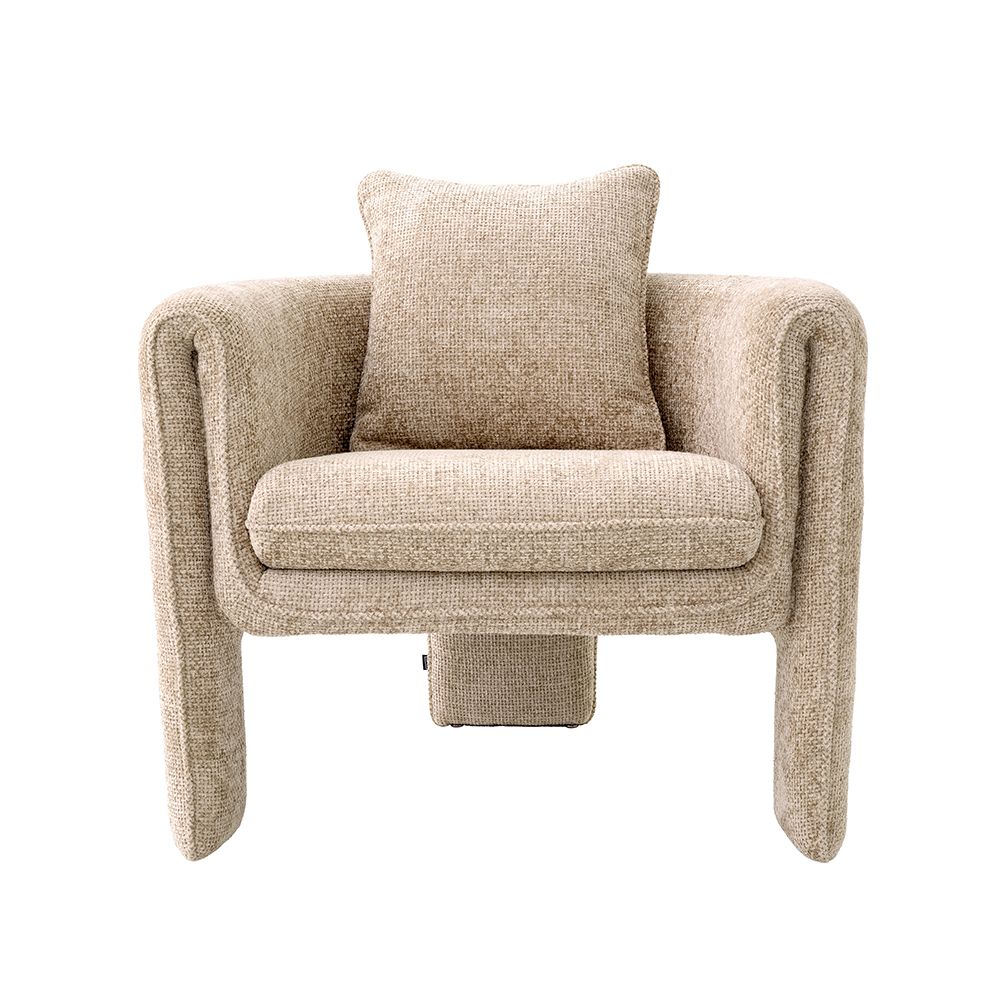 A curvaceous armchair with a contemporary chic upholstery and complementary scatter cushion