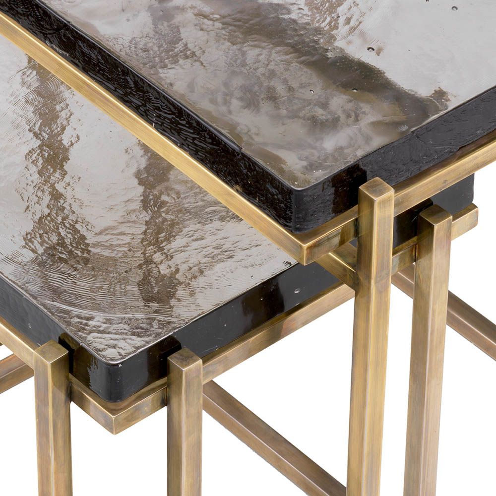 Set of 2 brass side tables with glass top