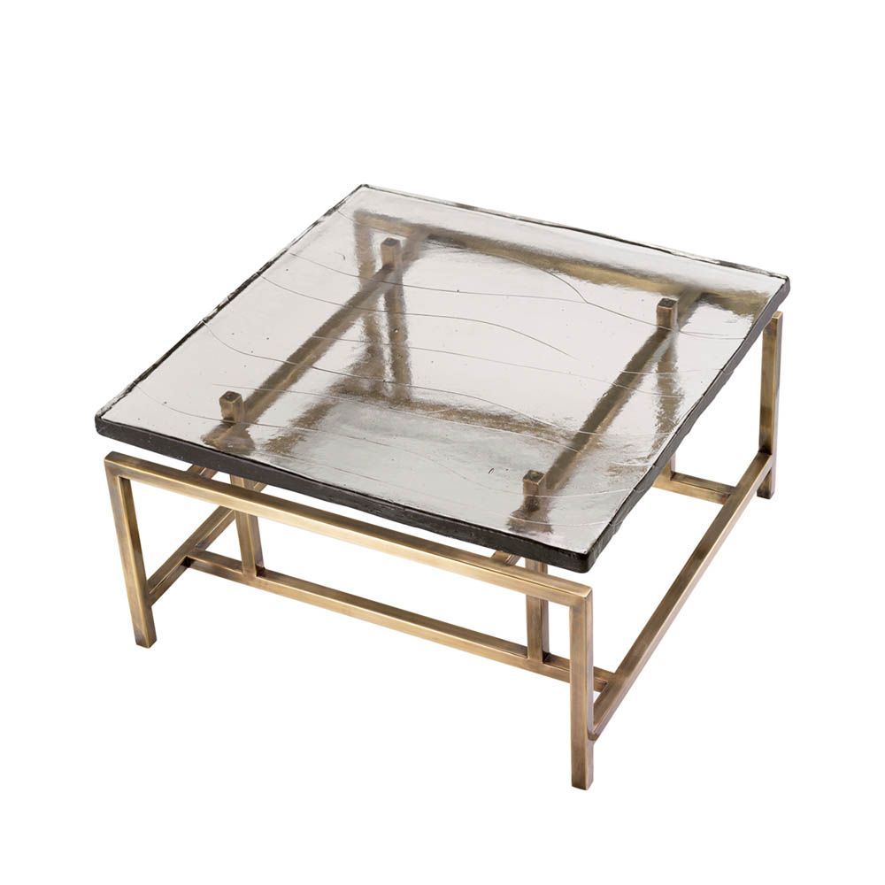 Square geometric coffee table with brass legs and glass top
