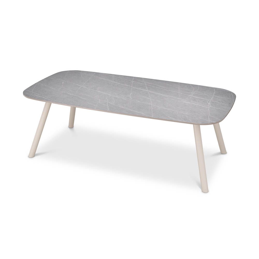 Grey stone top dining table with tapered white legs