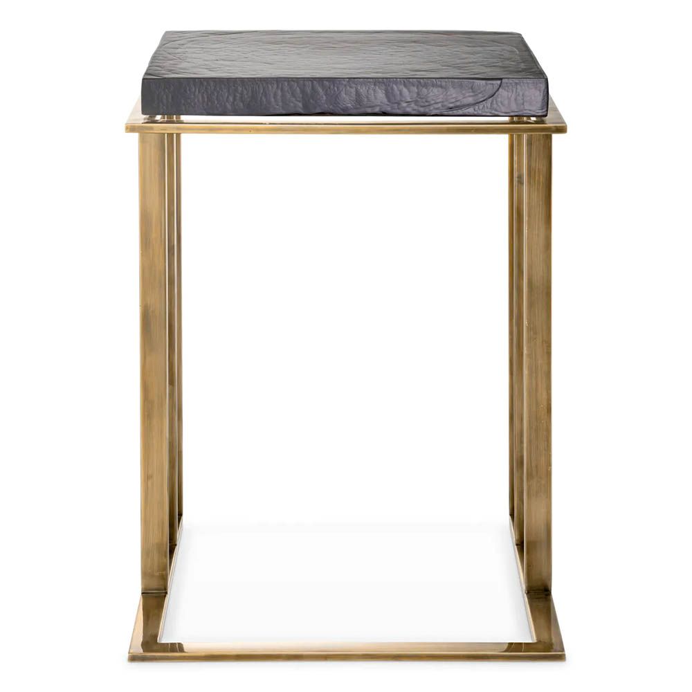 Square side table with thick, handmade glass top and brass finish