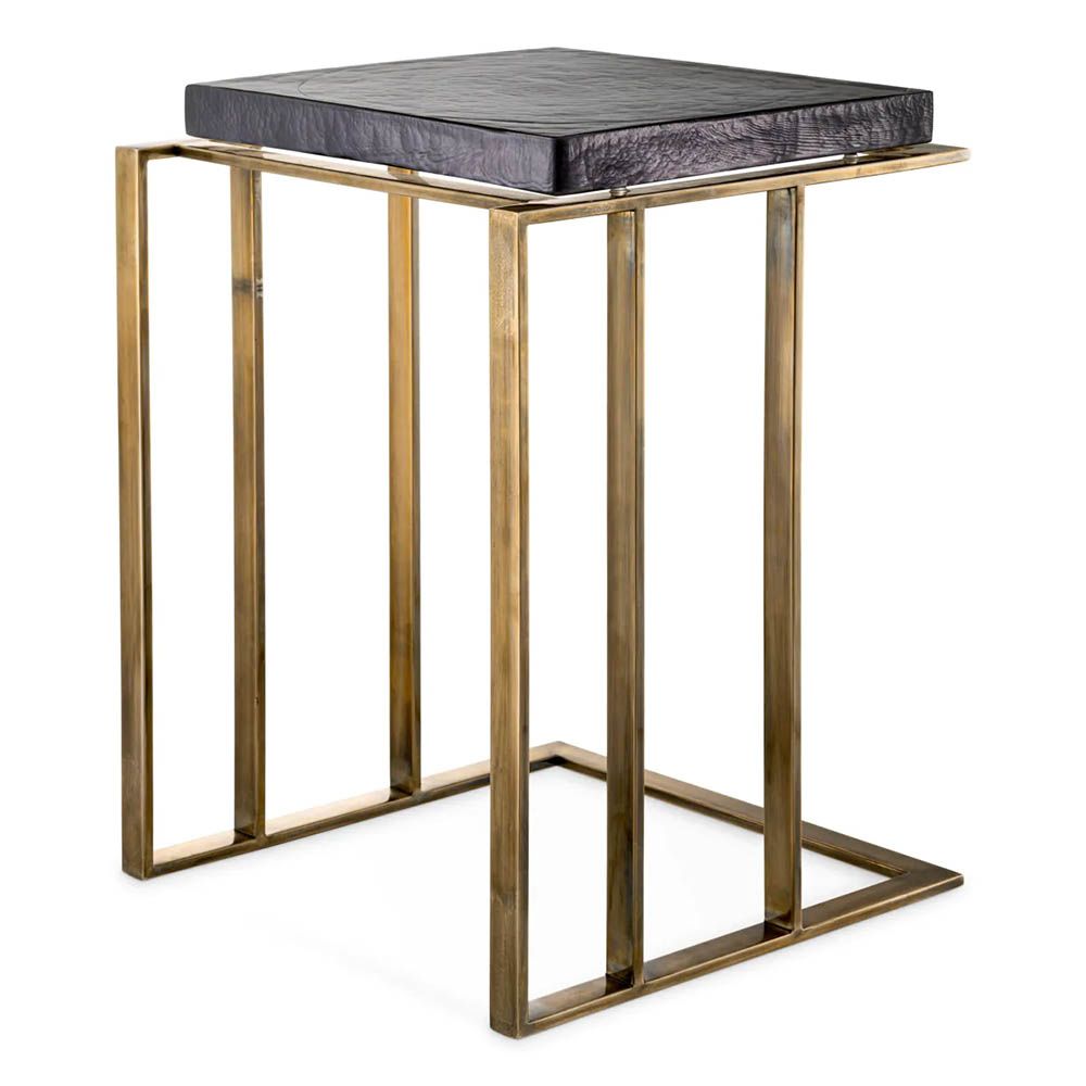 Square side table with thick, handmade glass top and brass finish
