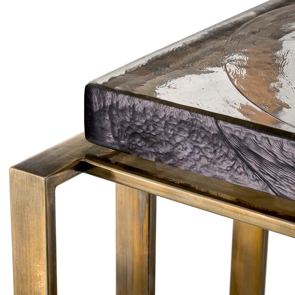 Square side table with thick, handmade glass top and brass finish